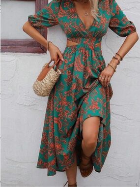 Green Floral Cutout Maxi Dress - Women